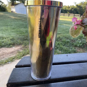 STARBUCKS COFFEE GOLD Faceted METALLIC CUP TUMBLER 24 oz Gold